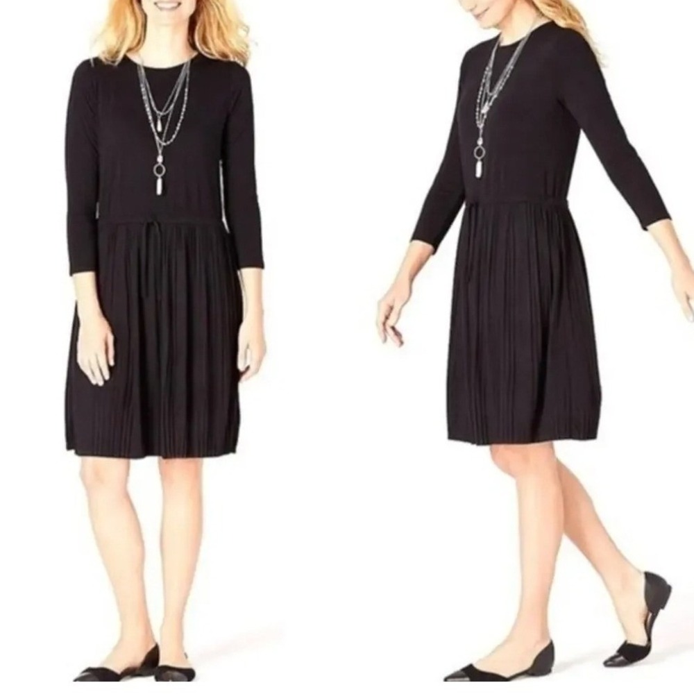 J. Jill Women S Petite NEW Pleated Knit Dress Black Old Money Preppy Tennis Neut